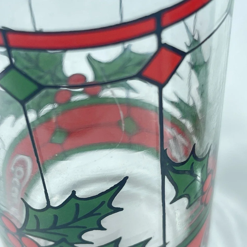 Vintage COCA COLA Christmas Holly Berry Stained Glass Drinking Glasses Set‎ Of 2